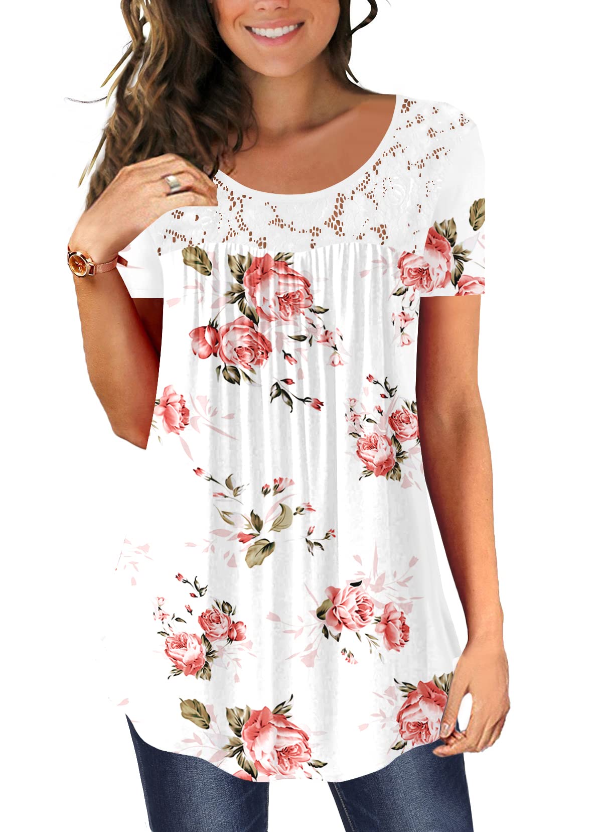 BeadChica Women's Casual Loose Flowy Tunic Top - Short Sleeve Lace Blouse for Summer, Perfect with Leggings | Great for Beach Outings, Brunch Dates & Everyday Comfort