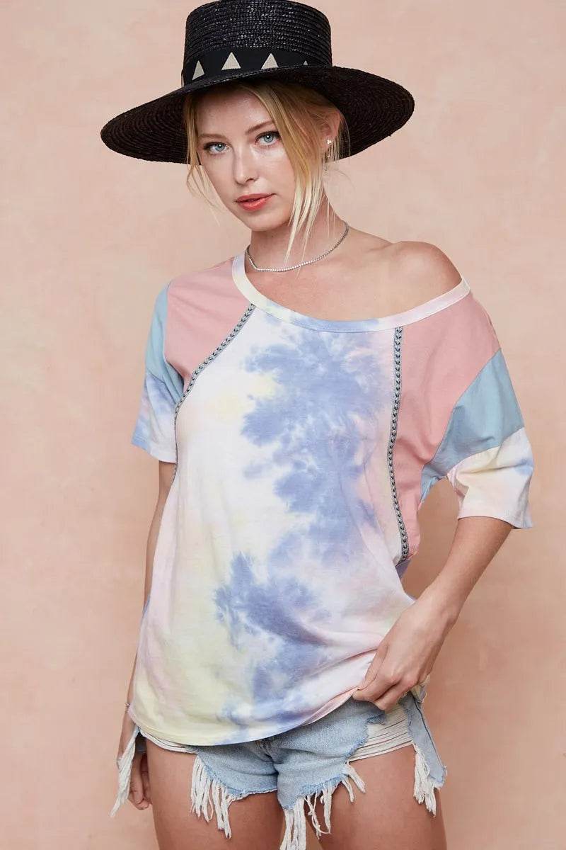 BiBi Tie Dye Printed Cotton Color Block T-Shirt for Women | Trendy Summer Casual Tee | Perfect for Beach, Music Festivals & Streetwear Outfits
