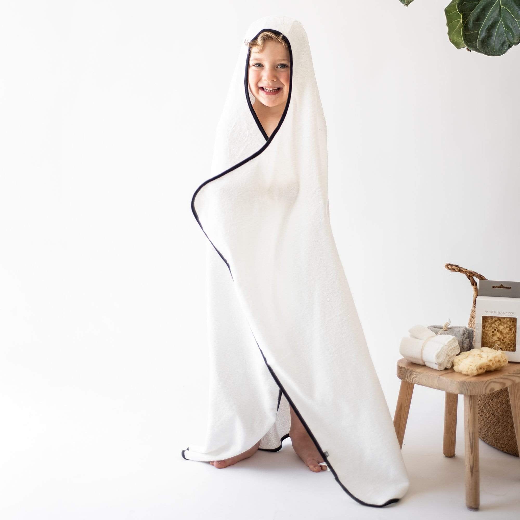 Soft Cloud Print Toddler Hooded Bath Towel with Midnight Blue Trim - Absorbent Baby Bath Wrap for Boys & Girls - Perfect for Post-Bath, Swimming & Beach Time