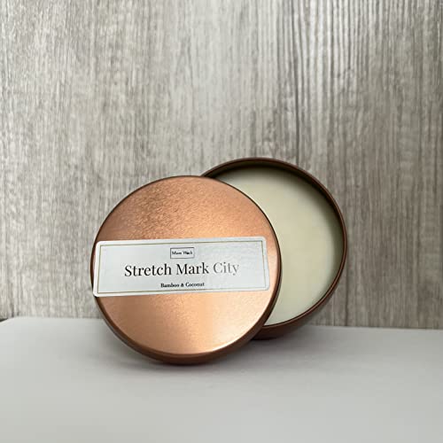 Mom Wick Candles - Stretch Mark City Scented Travel Tin Candle with Bamboo & Coconut Fragrance (6 oz) | Relaxing Aromatherapy for Home, Spa & Gift Giving