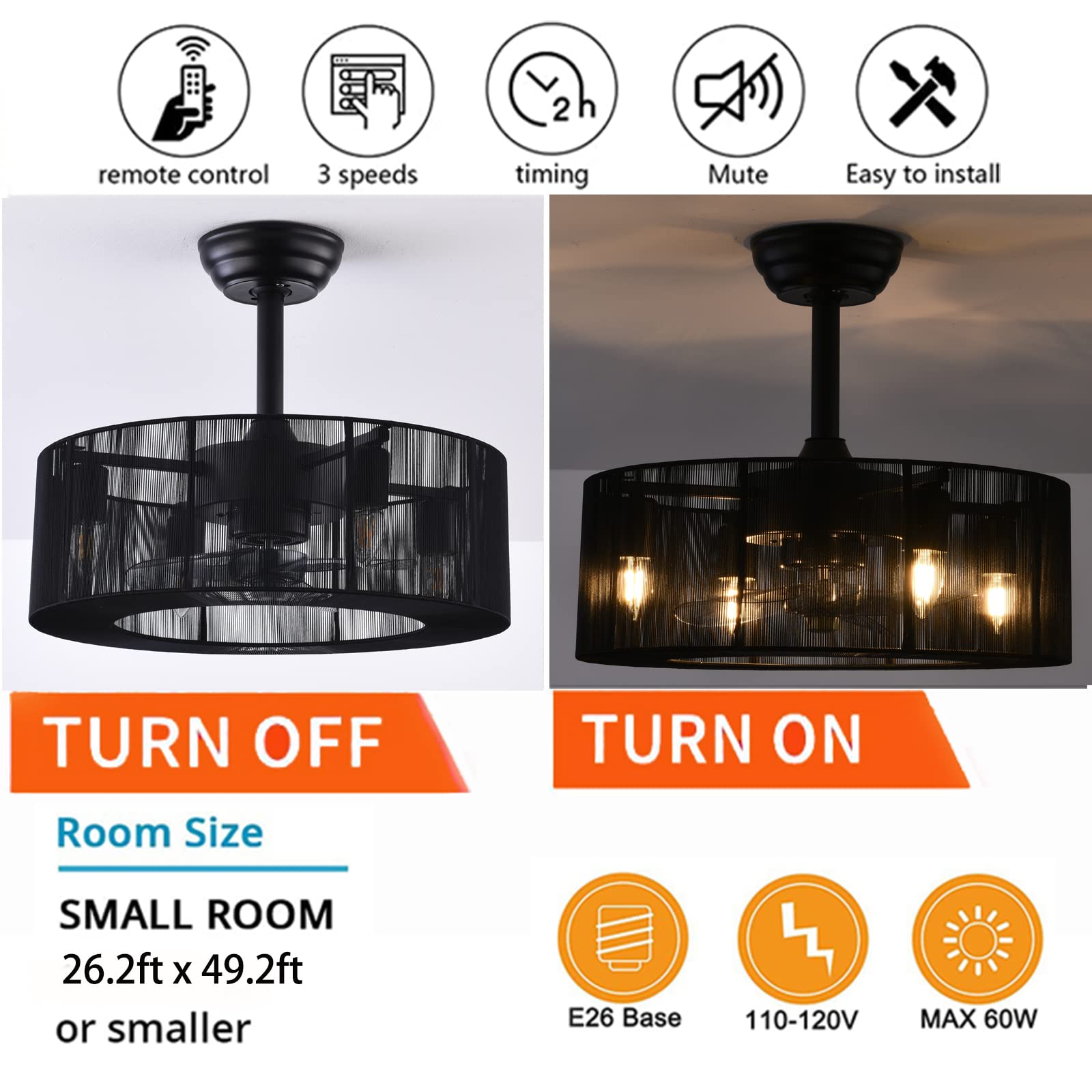 18'' Black Caged Ceiling Fan with Lights & Remote Control - 3 Speed Adjustable, 4-Light Farmhouse Style, Semi-Flush Mount for Low Ceilings - Perfect for Indoor Living Room, Bedroom, Kitchen & Patio Use