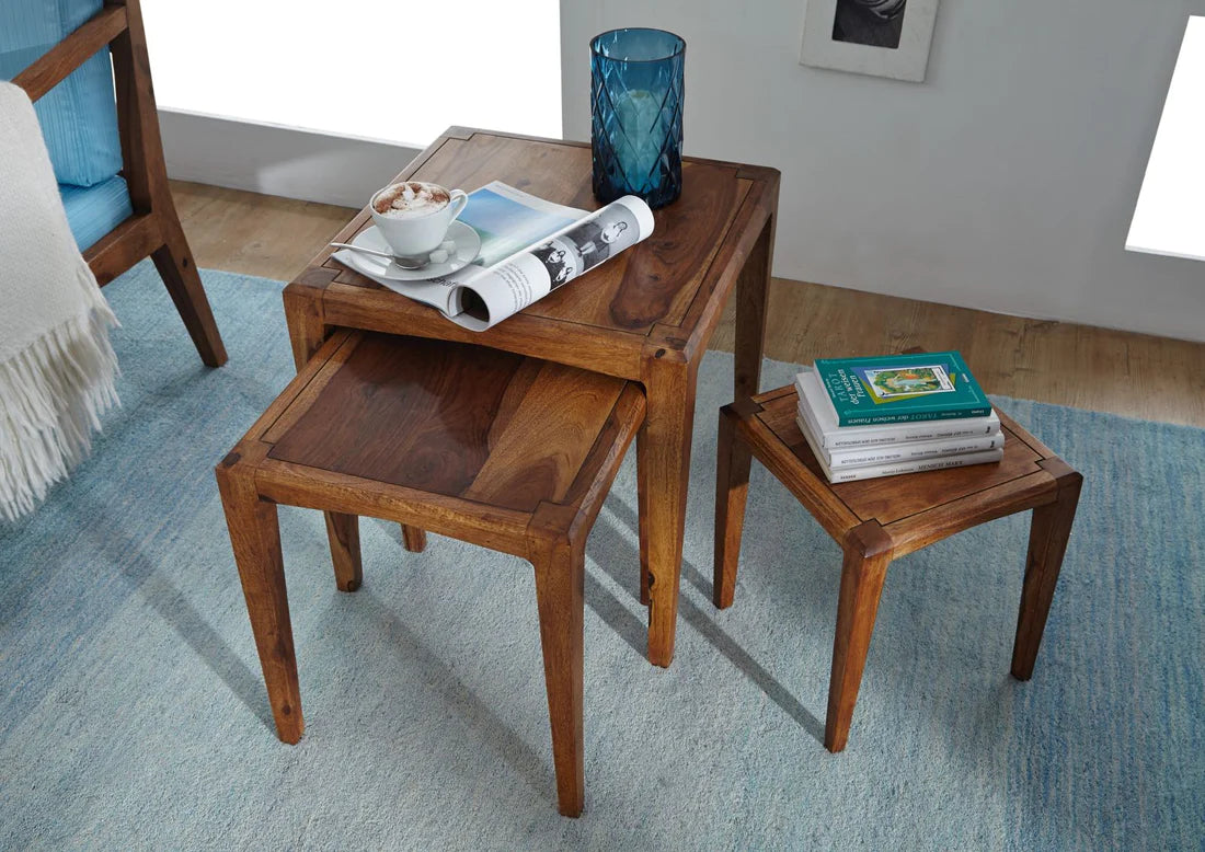 Premium Solid Sheesham Wood Nesting Tables Set of 3 - Space-Saving Side Tables for Living Room, Bedroom, or Office - Modern Home Decor Accent Furniture