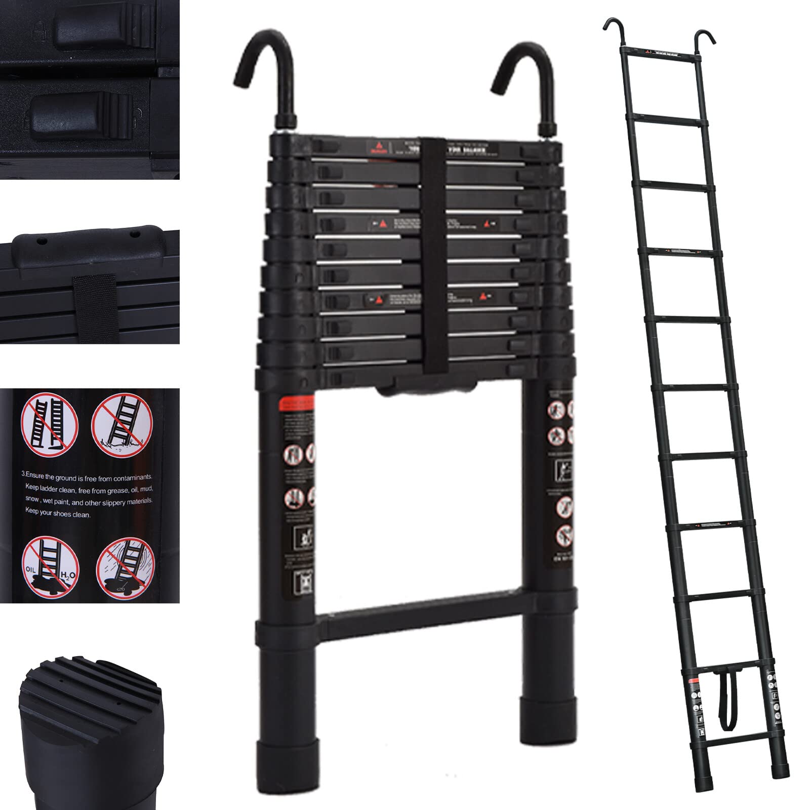 10.5FT Telescoping Ladder - 300LBS Capacity, Anti-Slip Rungs, Slow Down Protective Design | Lightweight Collapsible Ladder with Locking Mechanism | Adjustable Height for Home, Roof, RV, Warehouse & Outdoor Use | Easy to Carry & Store | Black