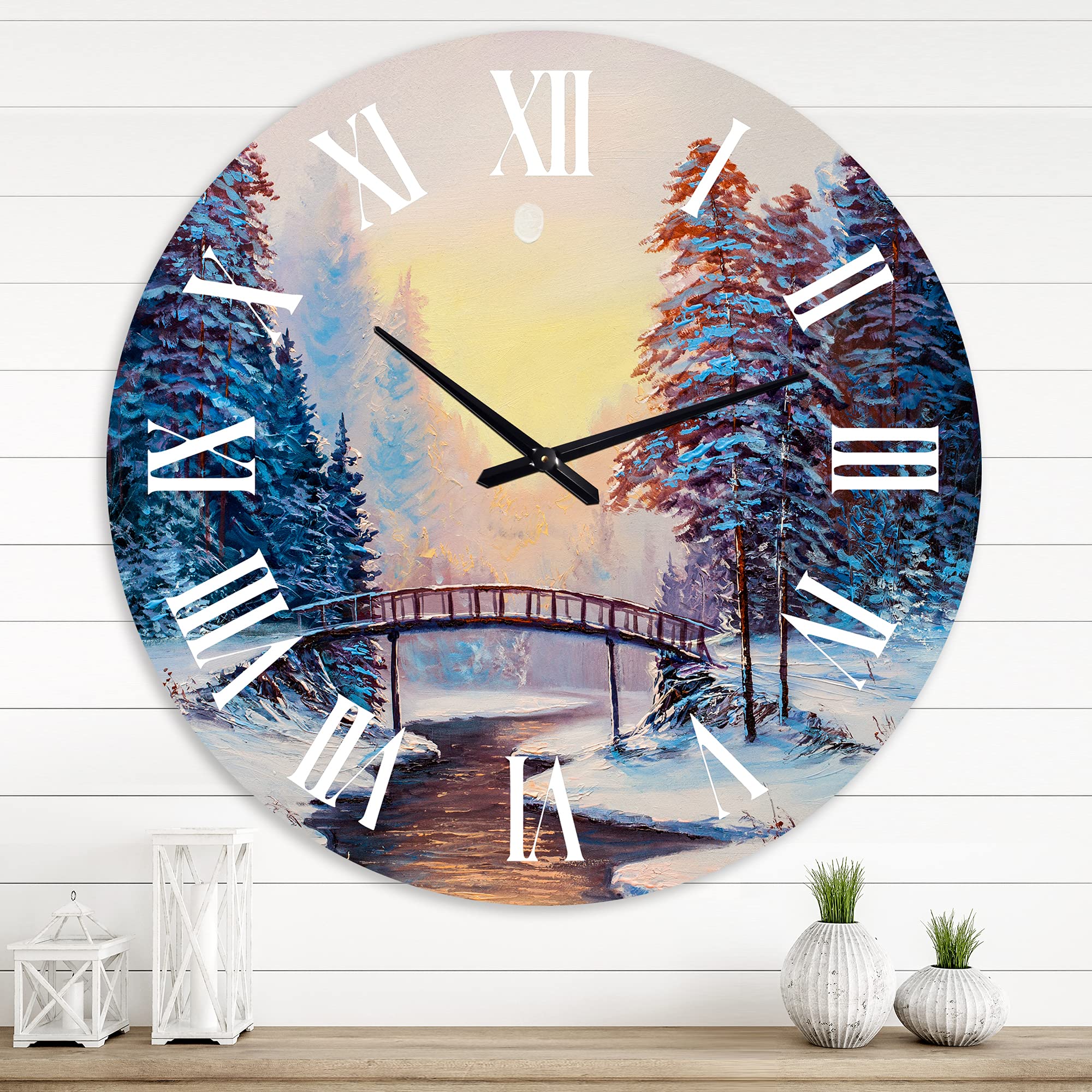 DesignQ Traditional Wall Clock - Little Bridge & Snow Covered Landscape - Large Decorative Clock for Living Room, Bedroom, Office - Perfect for Home Decor & Gifts