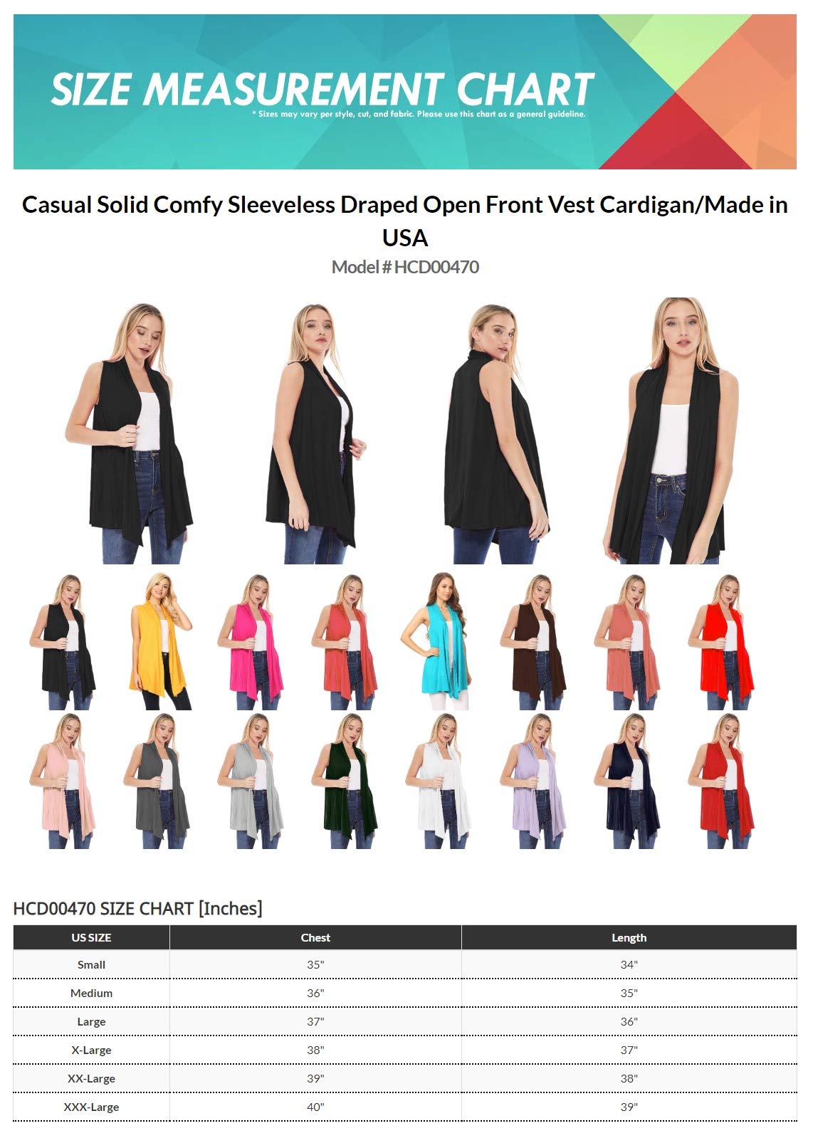 Women's Casual Solid Color Comfortable Sleeveless Draped Open Front Vest Cardigan | Made in USA | Perfect for Layering, Summer Outfits & Office Wear