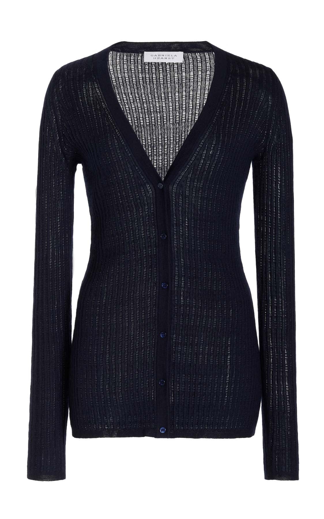 Emma Pointelle Knit Cardigan - Dark Navy Cashmere Silk Blend Women's Sweater | Cozy & Elegant for Fall, Winter & Office Wear