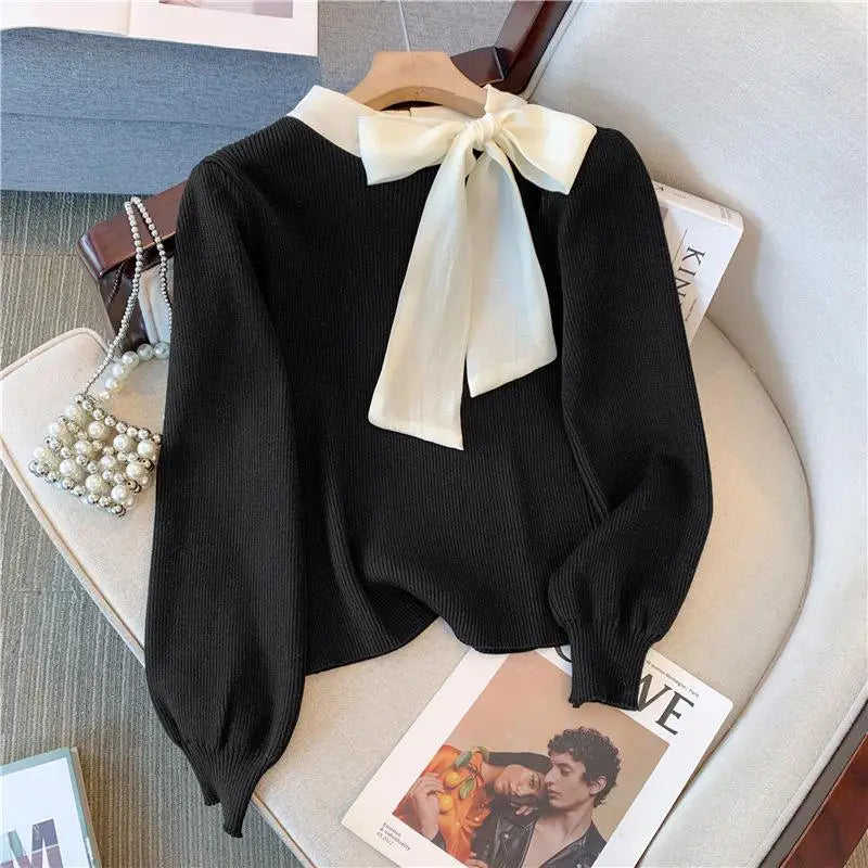 Elegant Black Patchwork Bow Collar Women's Knit Sweater - Korean Chic Slim Fit Long Sleeve Pullover Top for Office Ladies | Fall Winter Fashion | Perfect for Work, Dating & Casual Outings