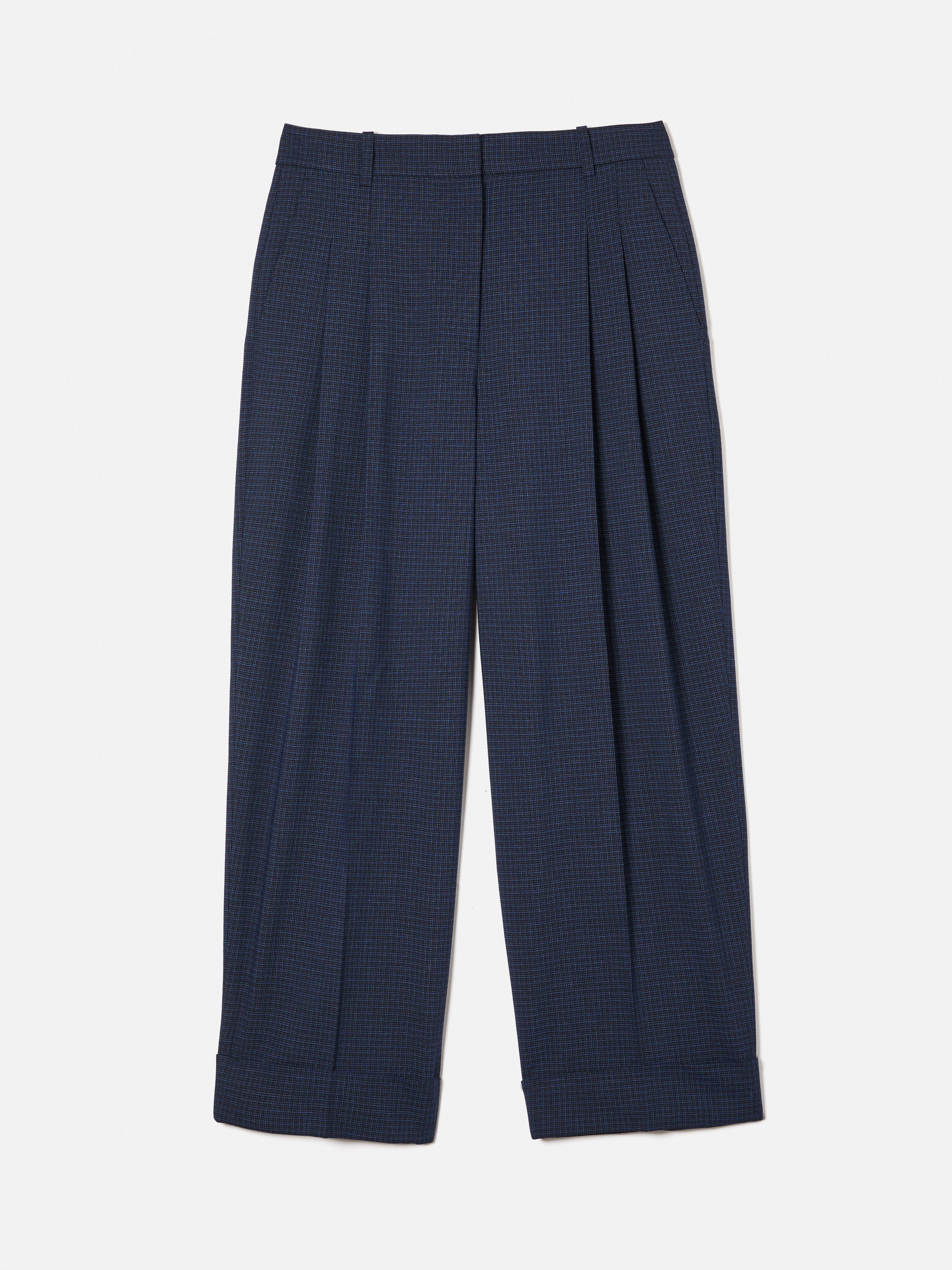 Stylish Pleated Crop Turn Up Trousers in Navy Blue | Women's High Waist Casual Pants for Office, Travel & Everyday Wear
