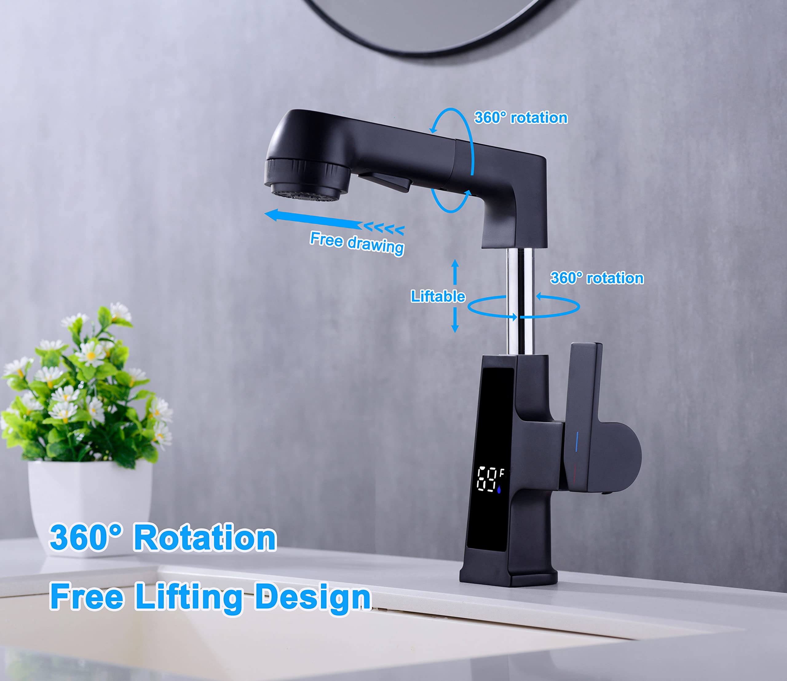 Digital Display Matte Black LED Bathroom Faucet with Pull-Out Sprayer - 5 Flow Modes for Modern Sinks