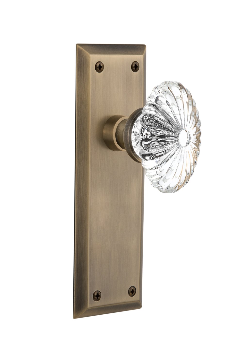 Nostalgic Warehouse 711973 Antique Brass Double Dummy New York Plate with Oval Fluted Crystal Glass Knob - Vintage Cabinet & Drawer Hardware for Home Decor & Restoration Projects