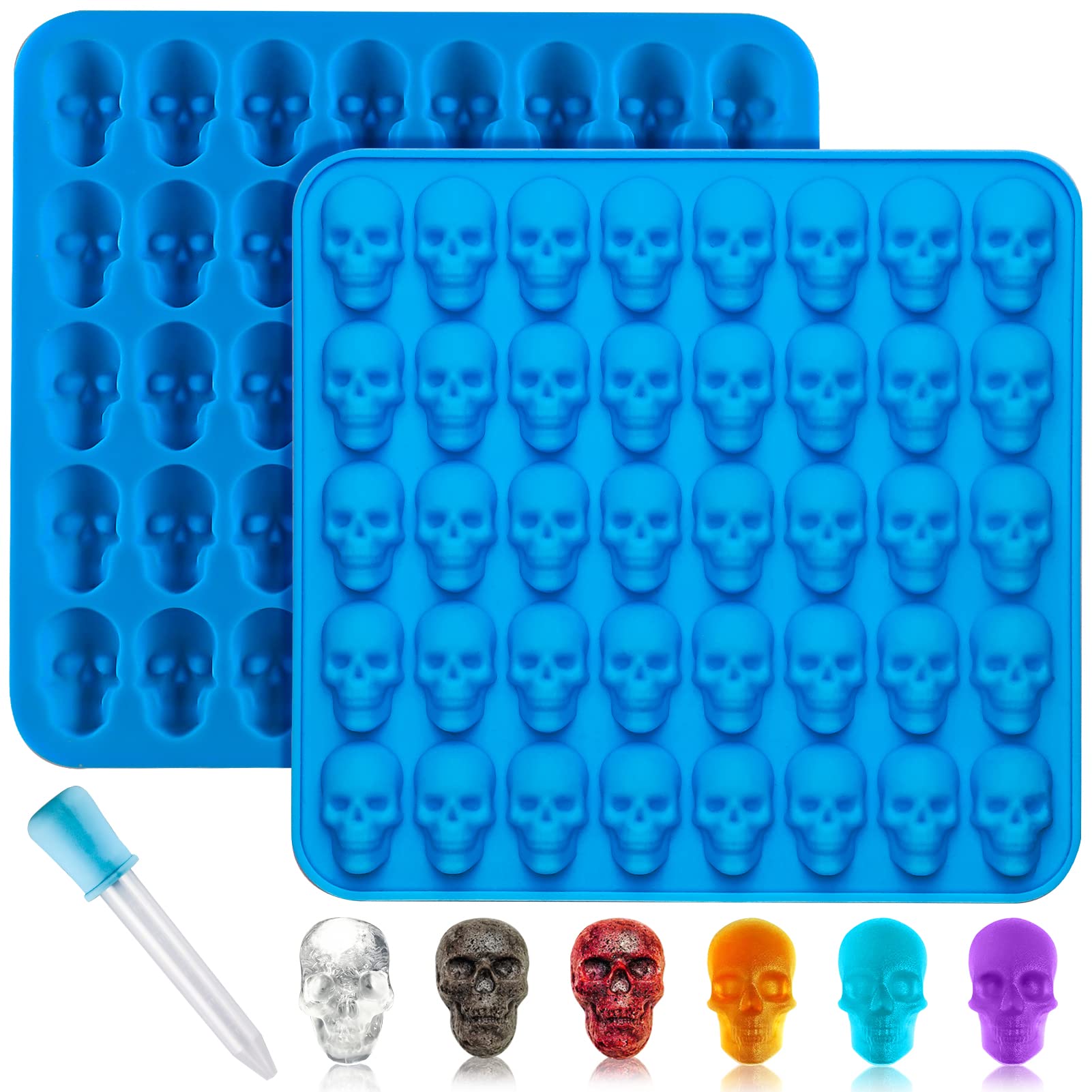 2Pcs Silicone Gummy Skull Candy Molds - Nonstick Food Grade Chocolate & Jelly Molds with Dropper - Perfect for Halloween Treats, Party Favors, DIY Desserts & Ice Cubes