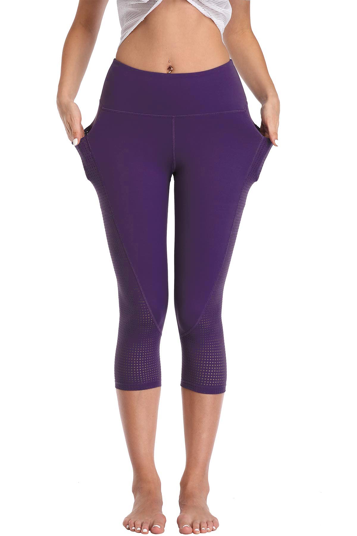 RAYPOSE Women's High Waist Workout Leggings with Pockets - Plus Size Gym Yoga Capri Pants with Mesh Cut Out Design for Running, Training & Lounge Wear