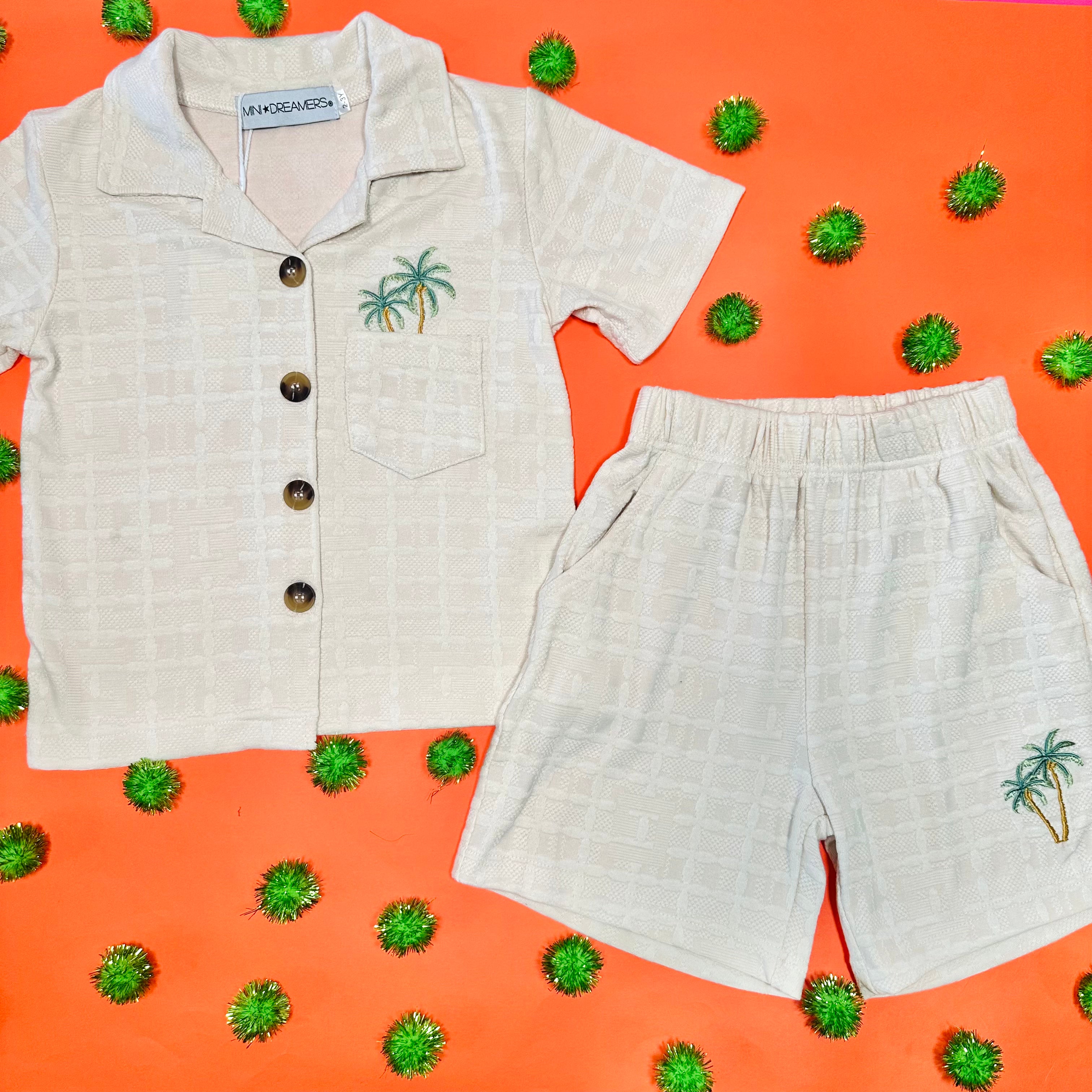 Jordan Palm Trees Knitted Button Down Shirt and Shorts Set - Stylish Summer Outfit for Beach, Vacation & Casual Wear