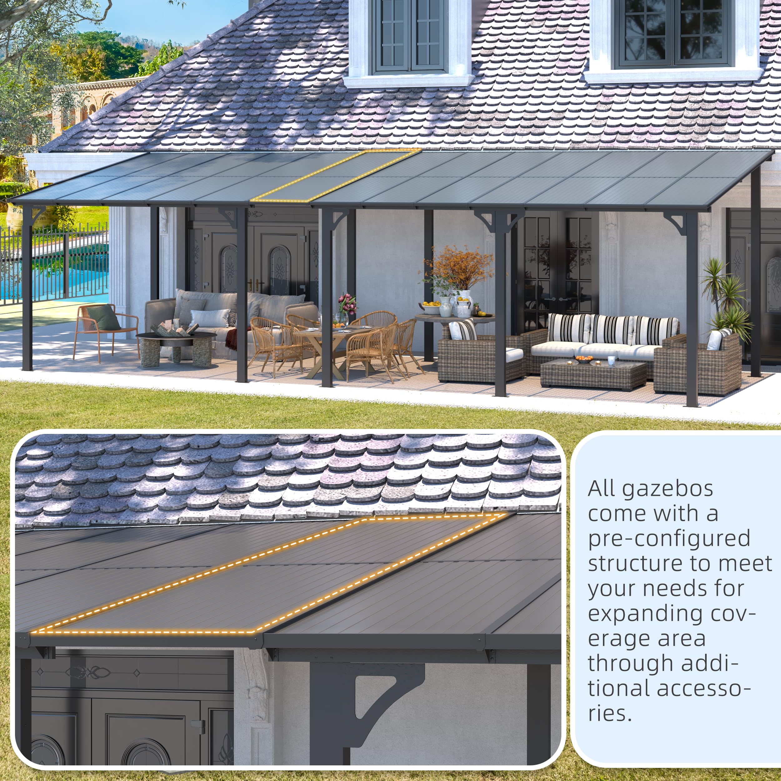 AECOJOY 8' x 8' Hardtop Gazebo with Roof - Wall Mounted Pergola for Patio, Deck & Backyard (64 Sq.Ft Shade) - Heavy Duty Outdoor Canopy for Garden, BBQ & Relaxation