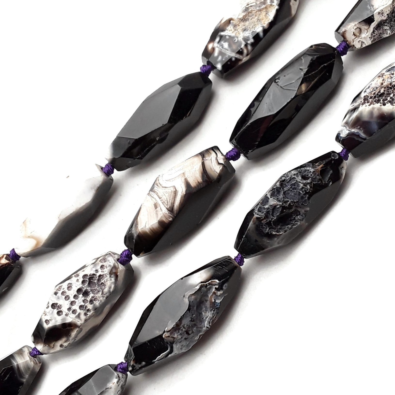 Black White Agate Faceted Nugget Rice Tube Beads - Size 13 (16x40-45mm) - 15.5 Inch Strand - Perfect for Jewelry Making, DIY Bracelets, Necklaces & Home Decor