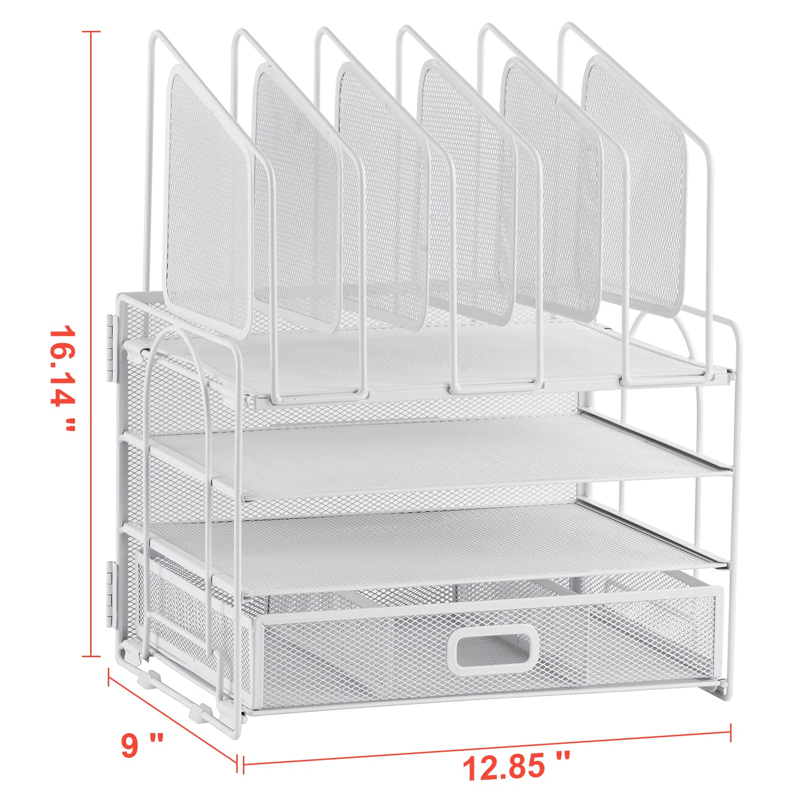 4-Tier Mesh Desk File Organizer with 5 Vertical File Holders & 2 Pen Holders - Multifunctional White Office Desk Organizer for Home & Workspace - Perfect for Paper Storage, Document Management & Office Supplies Organization
