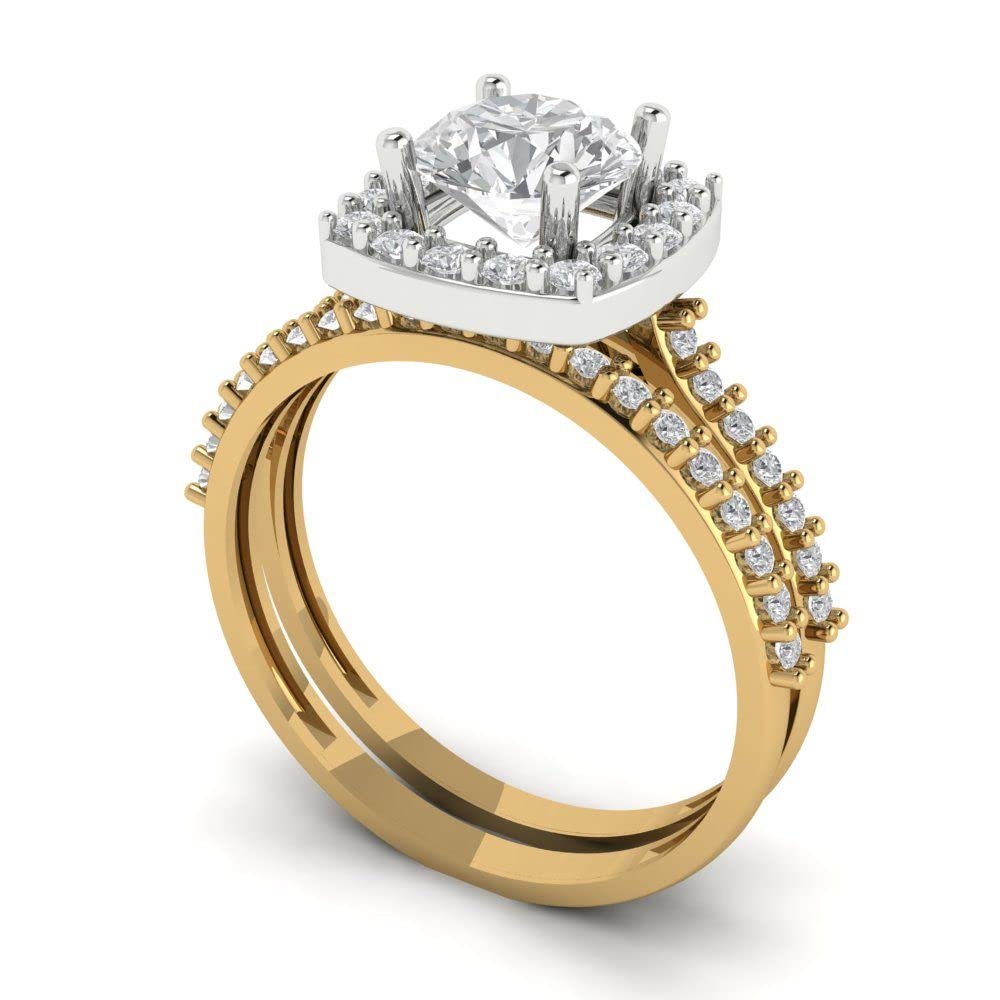2.22ct Round Cut Moissanite Diamond Bridal Ring Set in 14K Yellow & White Gold | Halo Solitaire Engagement & Wedding Band | Clara Pucci Stunning Statement Jewelry for Brides, Anniversaries & Special Occasions