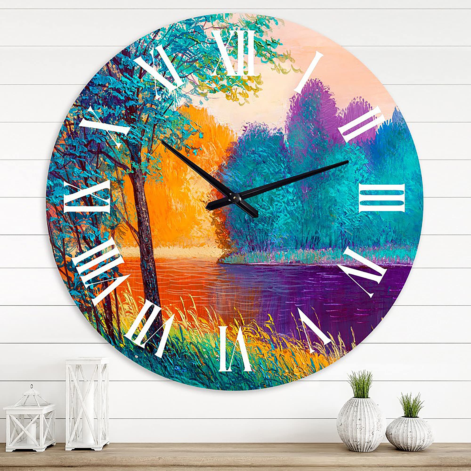 DesignQ Traditional Wall Clock - 'Colorful River Between The Trees During Twilight' Landscape Nature Art - Large Decorative Wall Clock for Living Room, Bedroom & Office - Perfect Home Decor Gift for Housewarming & Holidays