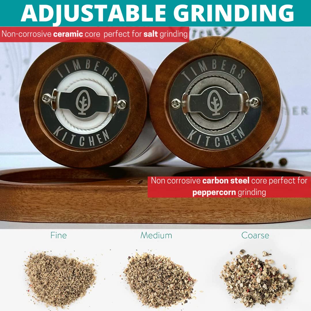 Premium Acacia Wood Salt and Pepper Grinder Set with Wooden Tray - Carbon Steel & Ceramic Core Mill - Adjustable Coarseness - Perfect for Kitchen, Dining Table, and Gift Giving