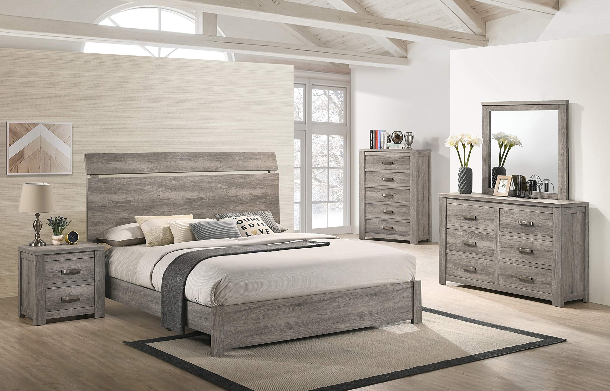 Roundhill Furniture Floren Contemporary Weathered Gray Wood Queen Bedroom Set - Panel Bed, Dresser, Mirror, Nightstand & Chest | Modern Farmhouse Style for Cozy Bedroom Decor