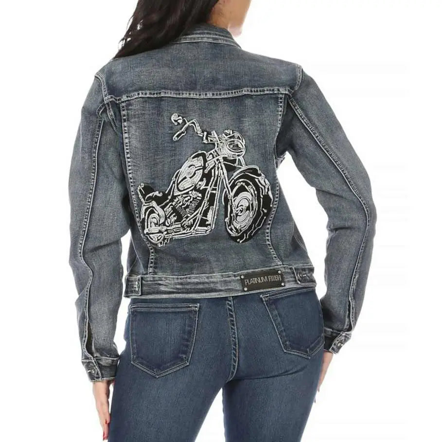 Platinum Plush Women's Motorcycle Graphic Denim Jacket - Stylish Biker Jacket for Women - Perfect for Riding, Casual Outfits & Night Out
