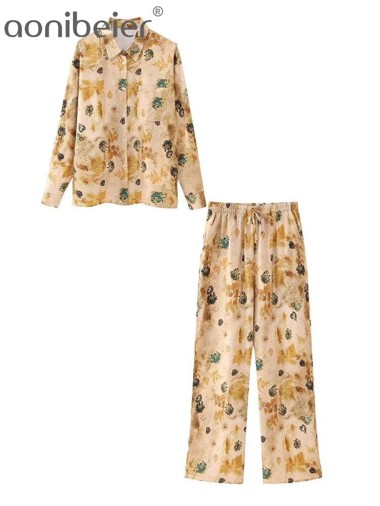 Aonibeier Women's Satin Printed Loose Shirt & Wide Pants Set - Y2K Summer Long Sleeve Casual Blouse Outfit for Women | Perfect for Office Wear, Date Night & Vacation Outfits