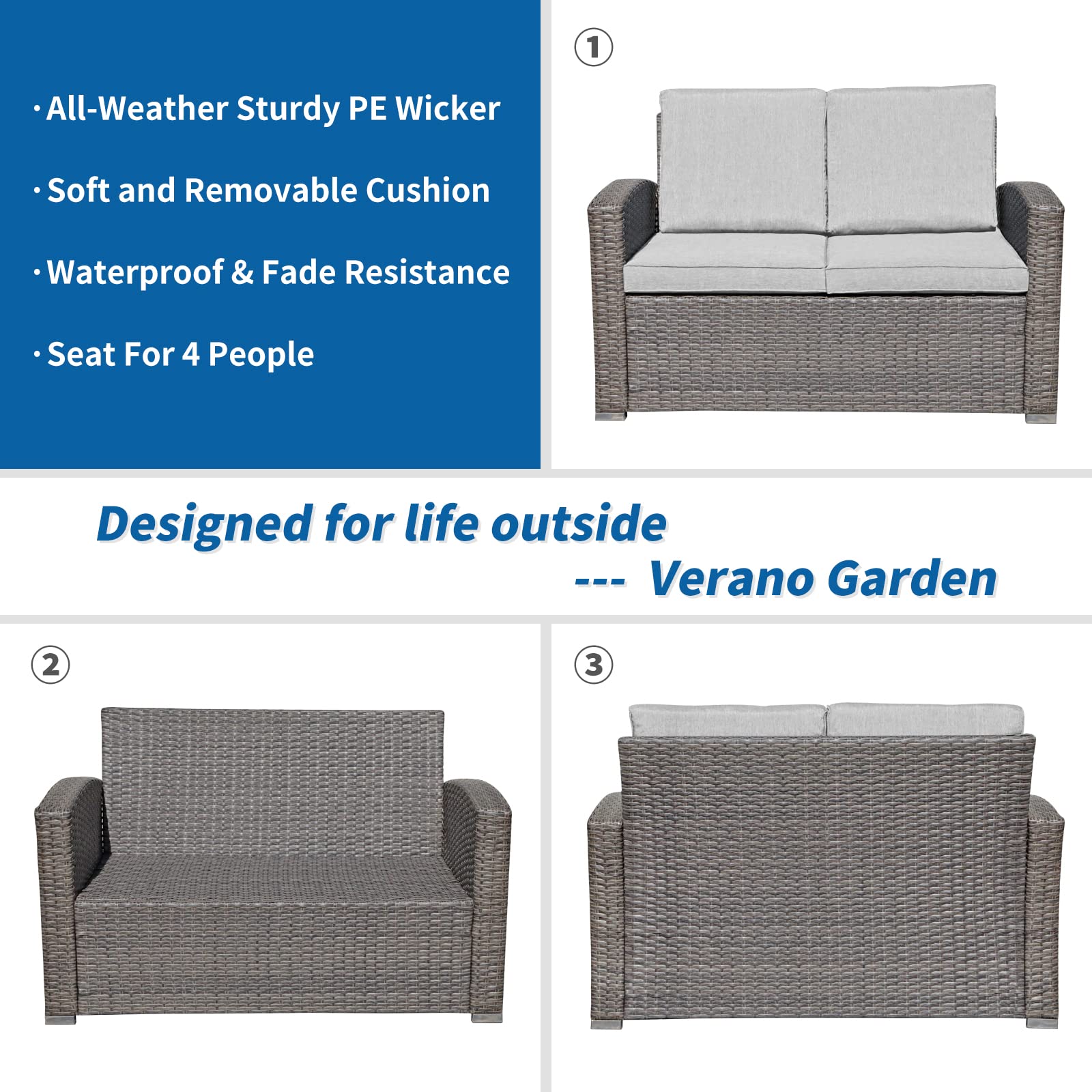 Verano Garden 4-Piece All-Weather Rattan Patio Set with Thick Cushions & Tempered Glass Table - Dark Gray (Light Gray) - Perfect for Outdoor Living, Backyard, Porch & Garden Relaxation