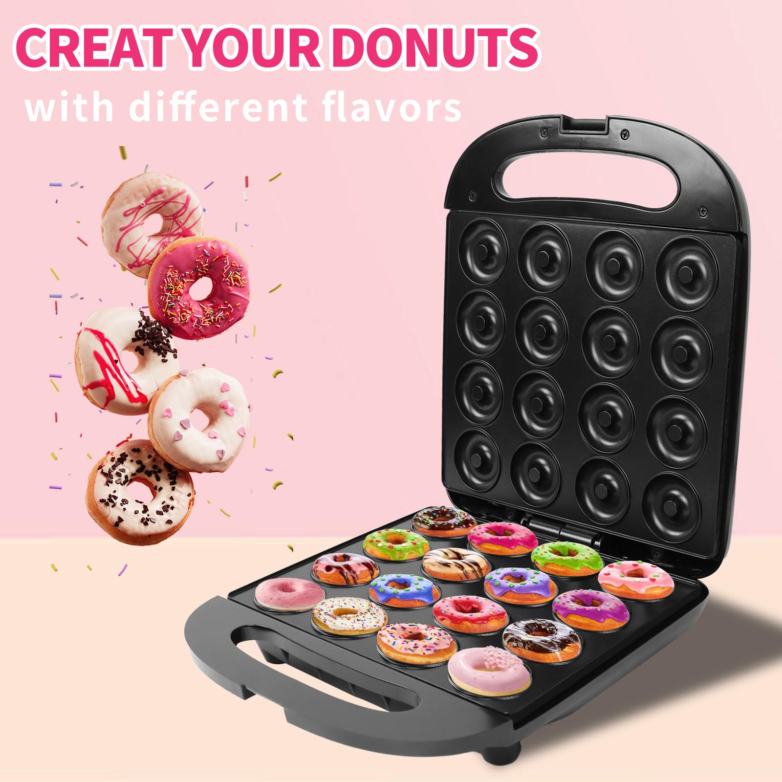 Mini Donut Maker Machine - 16 Mini Doughnuts & Pancakes Baker with Non-Stick Surface & Double-Sided Heating | Perfect for Breakfast, Snacks, Desserts, Parties & Kids Cooking Activities