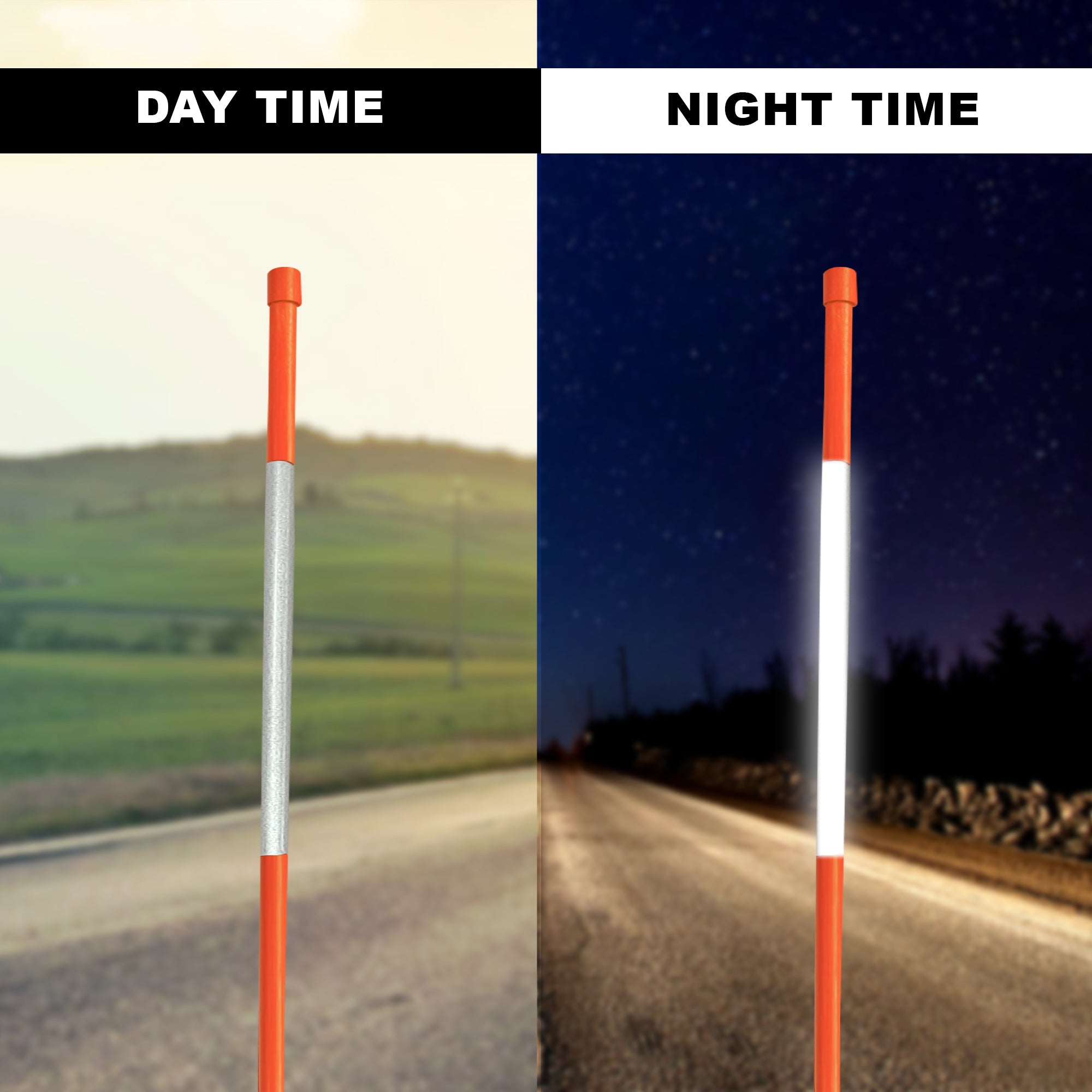 High Visibility 48-Pack Orange & White Reflective Fiberglass Driveway Markers - Flexible Snow Stakes for Hazards, Private Roads & Property Lines - Easy Install for Night Safety & Snow Plow Visibility - Perfect for Winter Driveways, Parking Lots & Rural Pathways