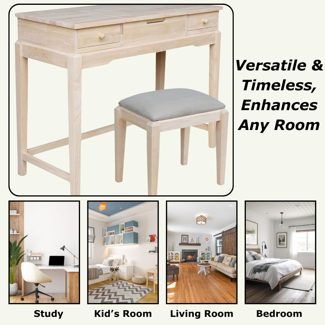 IC International Concepts Unfinished Vanity Table with Bench, 40.2