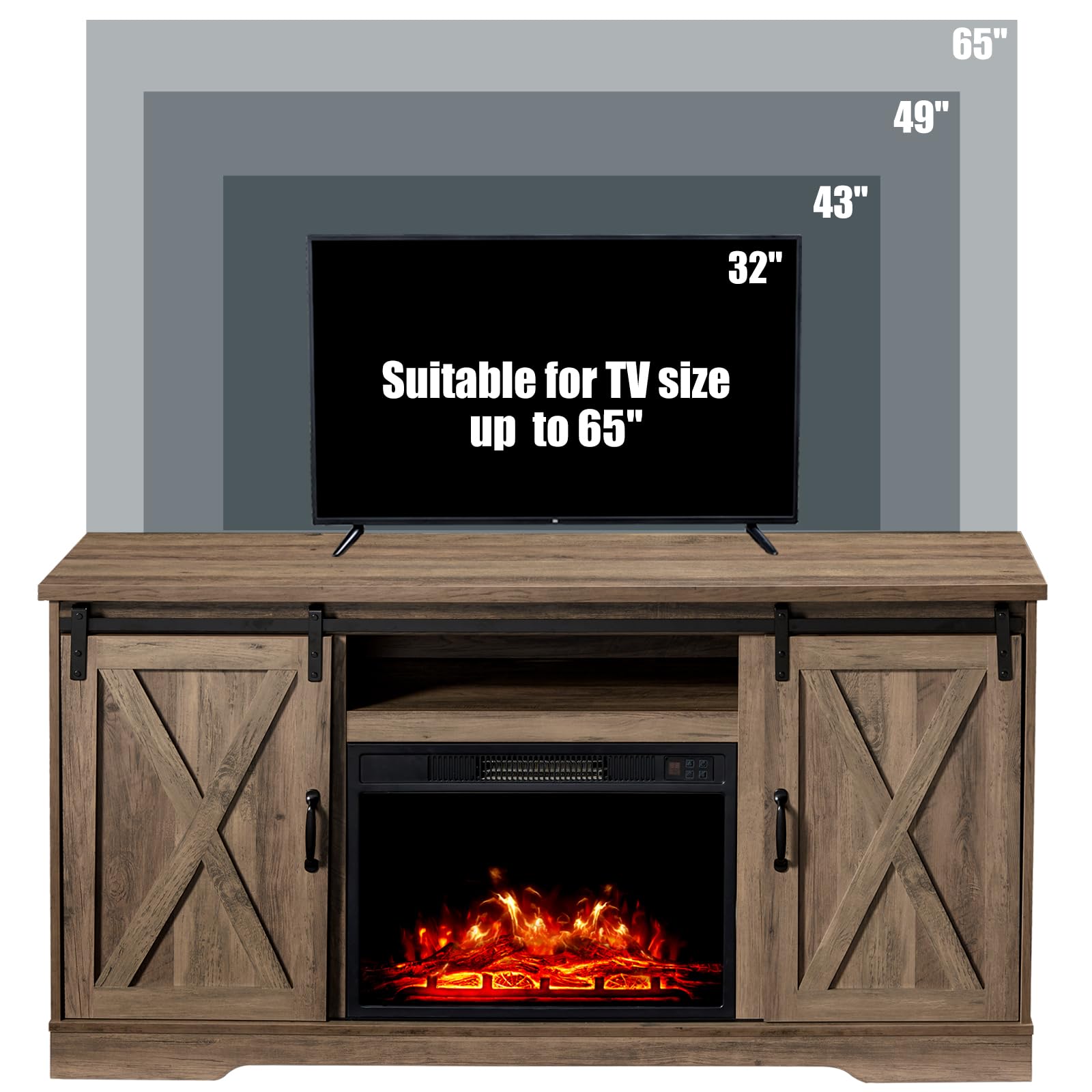 AMERLIFE 5-Piece Farmhouse Table Set with Fireplace TV Stand, Coffee Table & 2 End Tables - USB Charging Station, Rustic Barnwood Design for Living Room, Family Gatherings & Cozy Home Decor