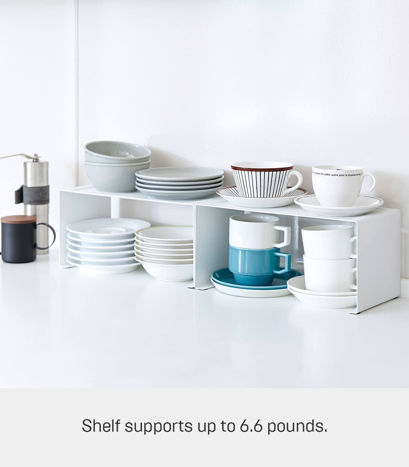 Yamazaki Home White Small Alloy Steel Stackable Kitchen Rack - Counter Shelf Storage Organizer for Spices, Utensils & Cookware - Perfect for Small Kitchens & Countertop Organization