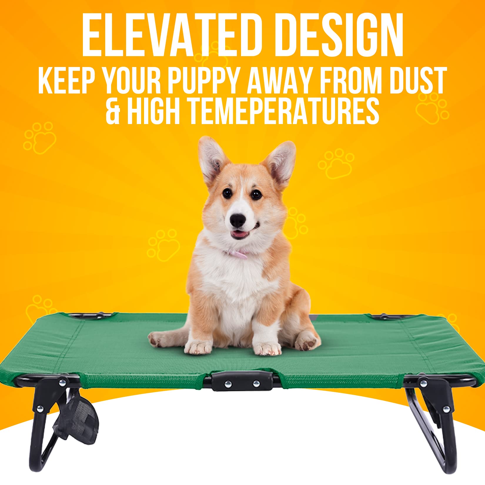Elevated Dog Cot with Steel Frame - Foldable Raised Pet Bed for Dogs & Cats - Heavy Duty Strong Material - Bonus Storage Bag - Small 30”x20”x7” Green - Perfect for Indoor, Outdoor, Travel & Camping Use