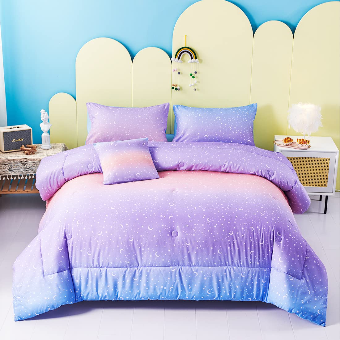 URBONUR Girls Full Size Comforter Set - Gradient Purple & Orange Moon Star Print Bedding with 6 Piece Sheet Set (Comforter, Flat Sheet, Fitted Sheet, 2 Pillowcases & Cushion Cover) | Soft & Cozy Bed in a Bag for Kids Room, Teen Bedroom & Dorm Decor