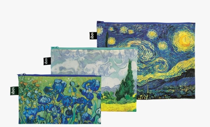 LOQI Zip Pocket Set - Vincent Van Gogh Inspired Reusable Shopping Bags for Groceries, Travel & Daily Use | Eco-Friendly Foldable Tote Bags with Zipper Pockets | Art Lovers Gift Idea