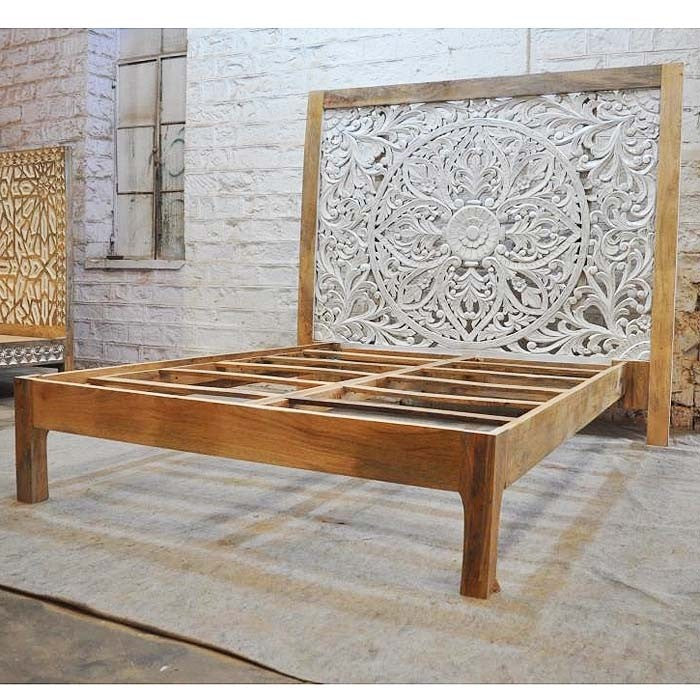 Hand Carved Indian Solid Wooden Zara Bed Frame - 2-Tone Finish - Elegant & Durable Bedroom Furniture for Master Suite or Guest Room