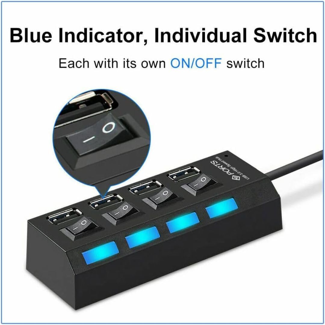 4-Port USB 2.0 Hub with LED Indicators & Power Switches - Portable USB Extension Hub for Laptop, PC, Mac - Expand Connectivity for Keyboard, Mouse, Printer & External Storage (Black)