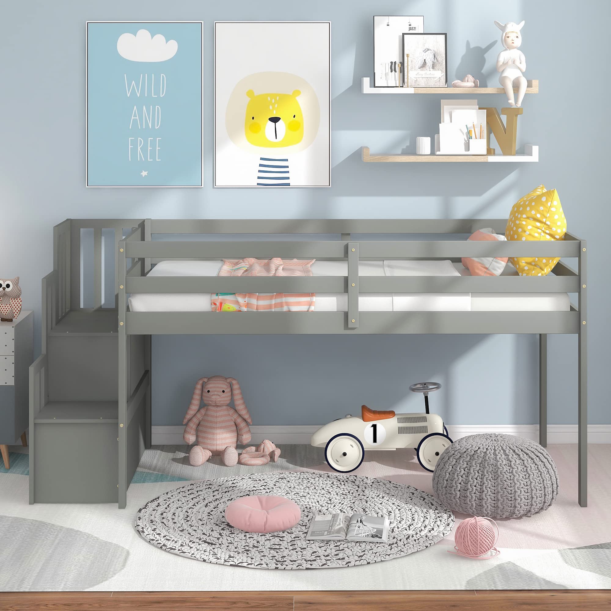 Bellemave Low Loft Twin Bed with Stairs & Storage - Sturdy Wooden Bed Frame for Kids, Teens, Boys & Girls - Space-Saving Gray Bedroom Furniture for Small Rooms, Dorms & Apartments