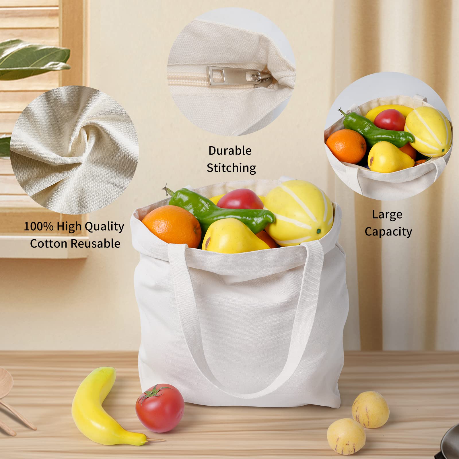 2Pcs Natural Cotton Canvas Tote Bags 15.7