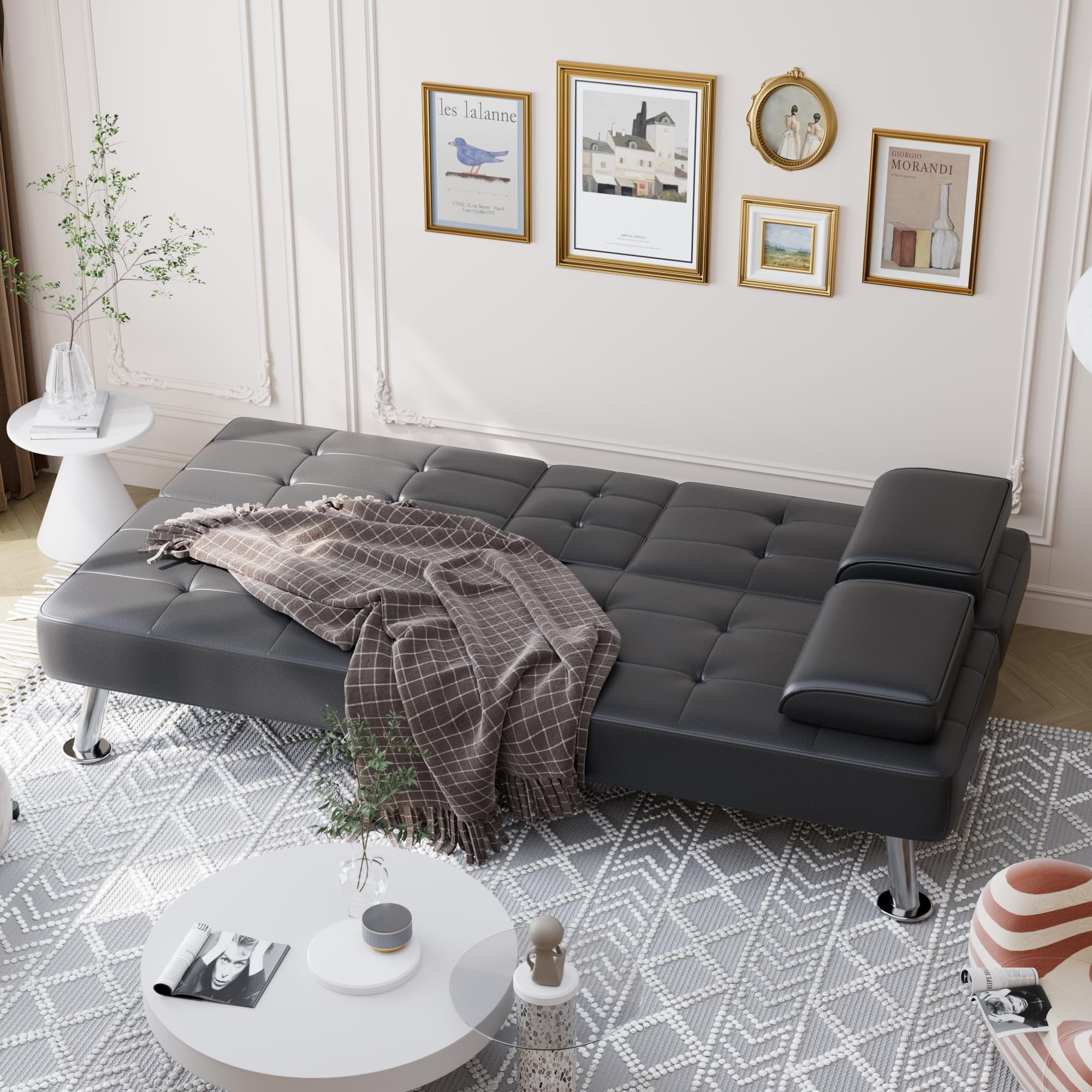 Shahoo Convertible Folding Futon Sofa Bed - 3-in-1 Sleeper Couch for Living Room, Guest Room & Small Spaces - Faux Leather Upholstered Loveseat with Removable Armrests, Sturdy Metal Legs & 2 Cup Holders - Black - Perfect for Apartments, Dorms, Home Office & Studio Living