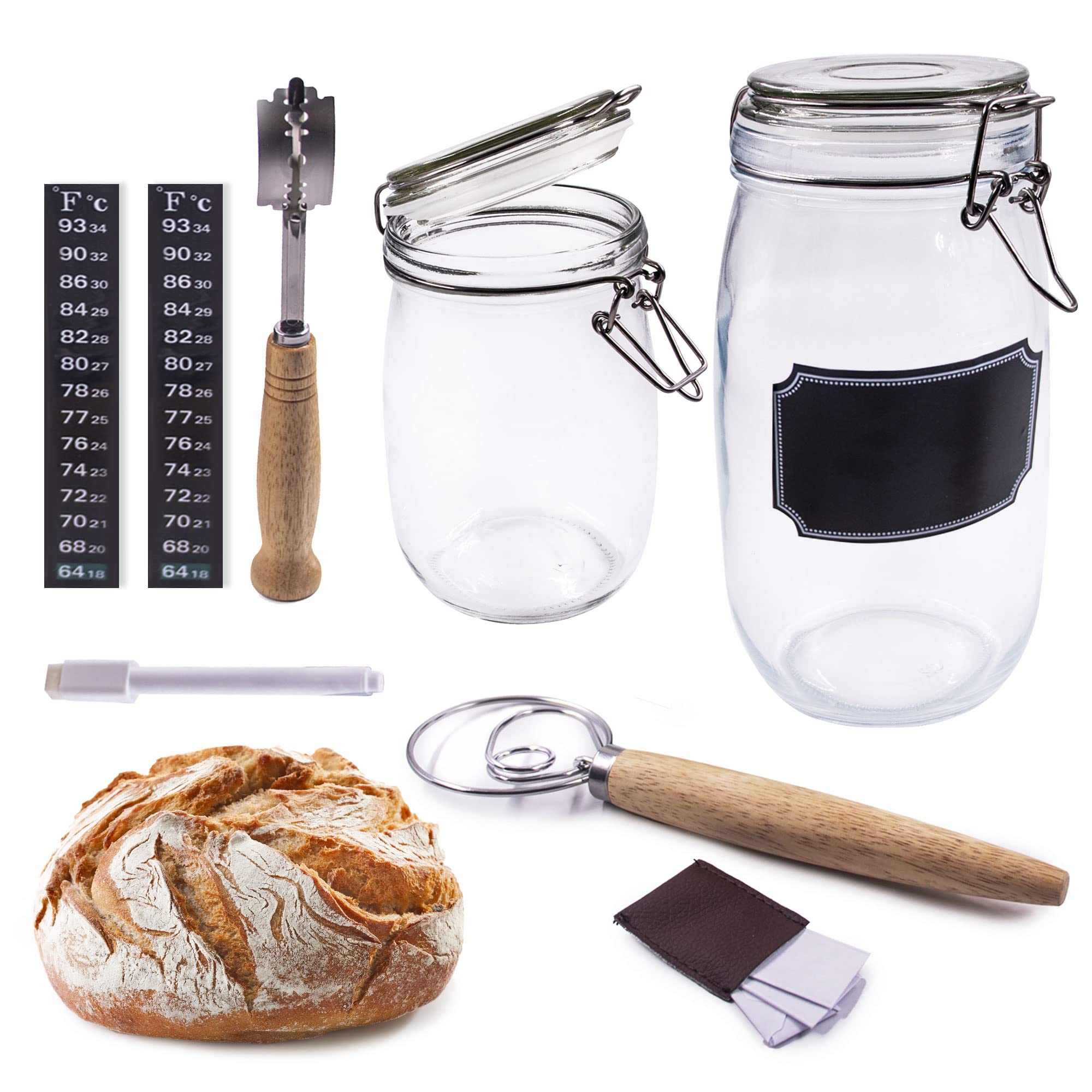Sourdough Starter Kit with 84 oz Glass Jars (50 oz & 34 oz), Bread Lame, Dough Whisk & Thermometer - Complete DIY Sourdough Bread Making Supplies for Home Bakers | Perfect for Artisan Bread, Pizza Dough & Baking Enthusiasts