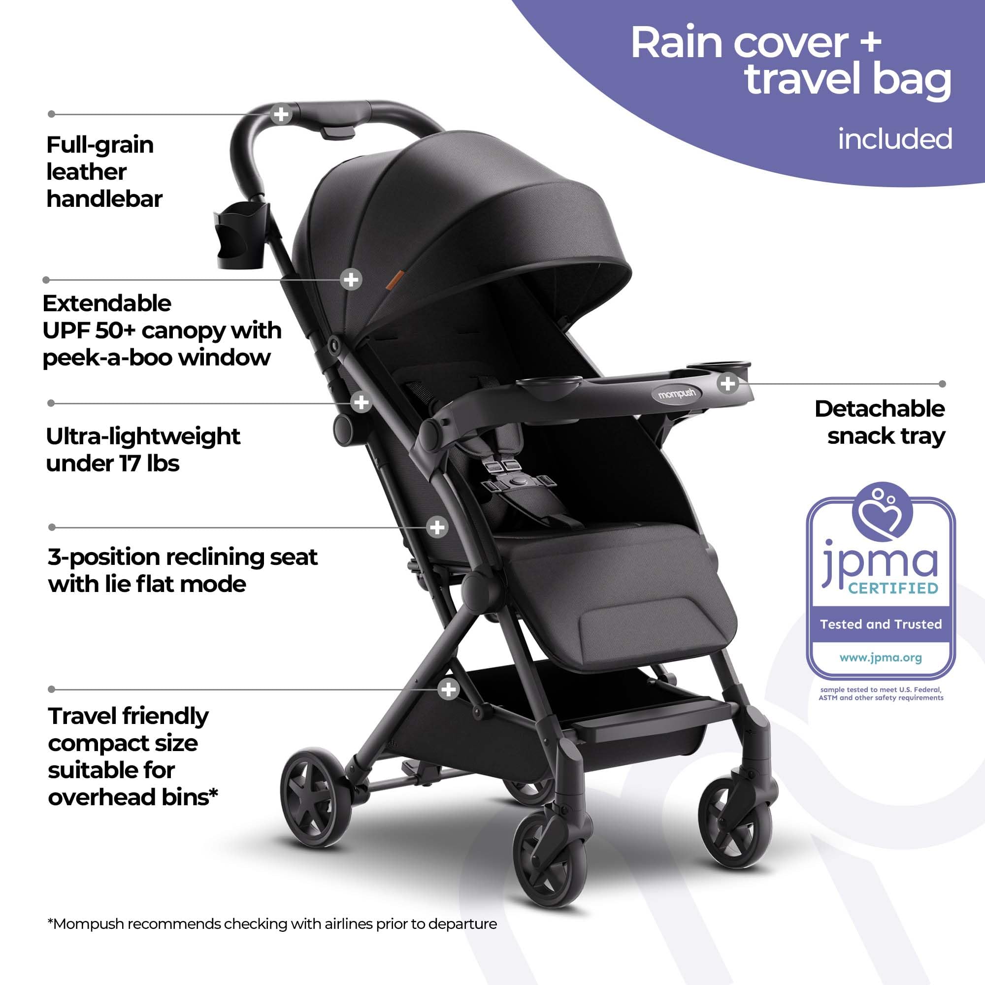 Mompush Lithe V2 Ultra Lightweight Compact Travel Stroller with Snack Tray, One-Hand Fold & Airplane Approved - Includes Cup Holder, Rain Cover & Travel Bag - Perfect for Air Travel, Shopping & Daily Outings