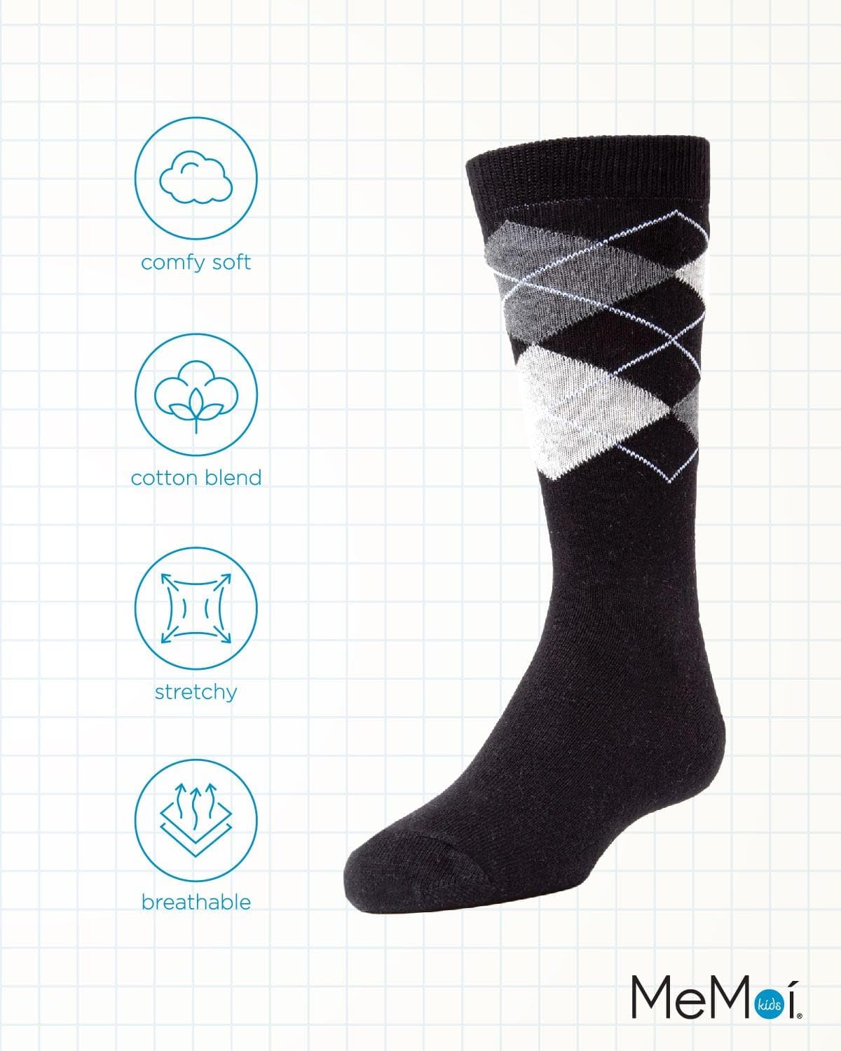 MeMoi Prim and Preppy Boys Cotton Blend Argyle Socks - Classic School Uniform & Casual Wear for Kids