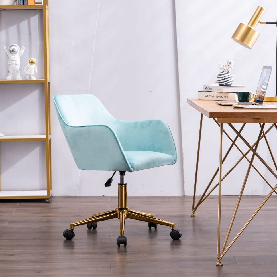 Velvet Vanity Chair - Adjustable Swivel Desk Chair with Golden Legs for Home Office, Bedroom Makeup & Living Room | Small Task Chair for Women, Cute Makeup Seat Perfect for Dressing Table, Study & Workspace