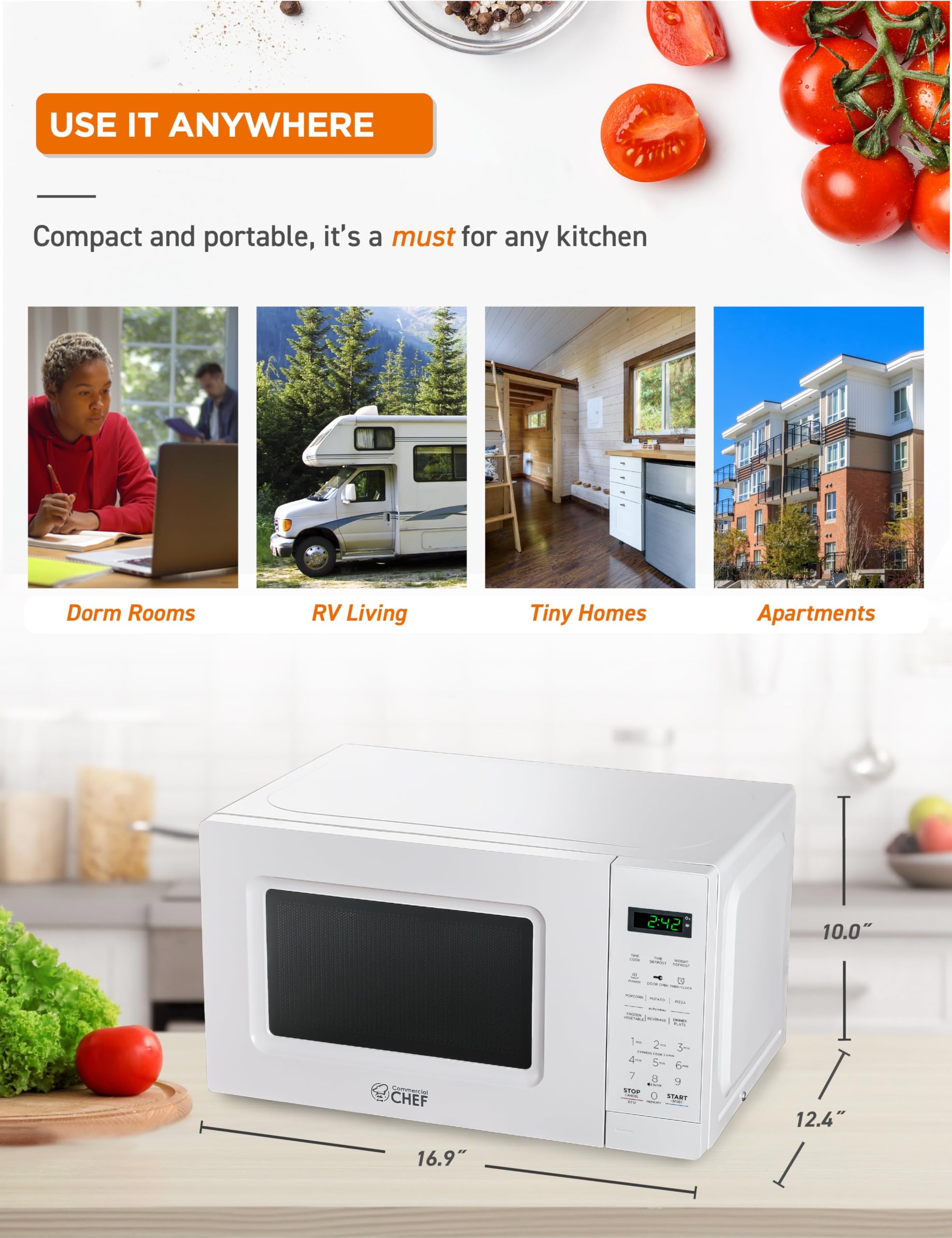 Commercial Chef 0.7 Cu Ft Countertop Microwave Oven - 700W with 10 Power Levels, Digital Display & Child Safety Lock - Perfect for Dorms, Offices & Small Kitchens - White