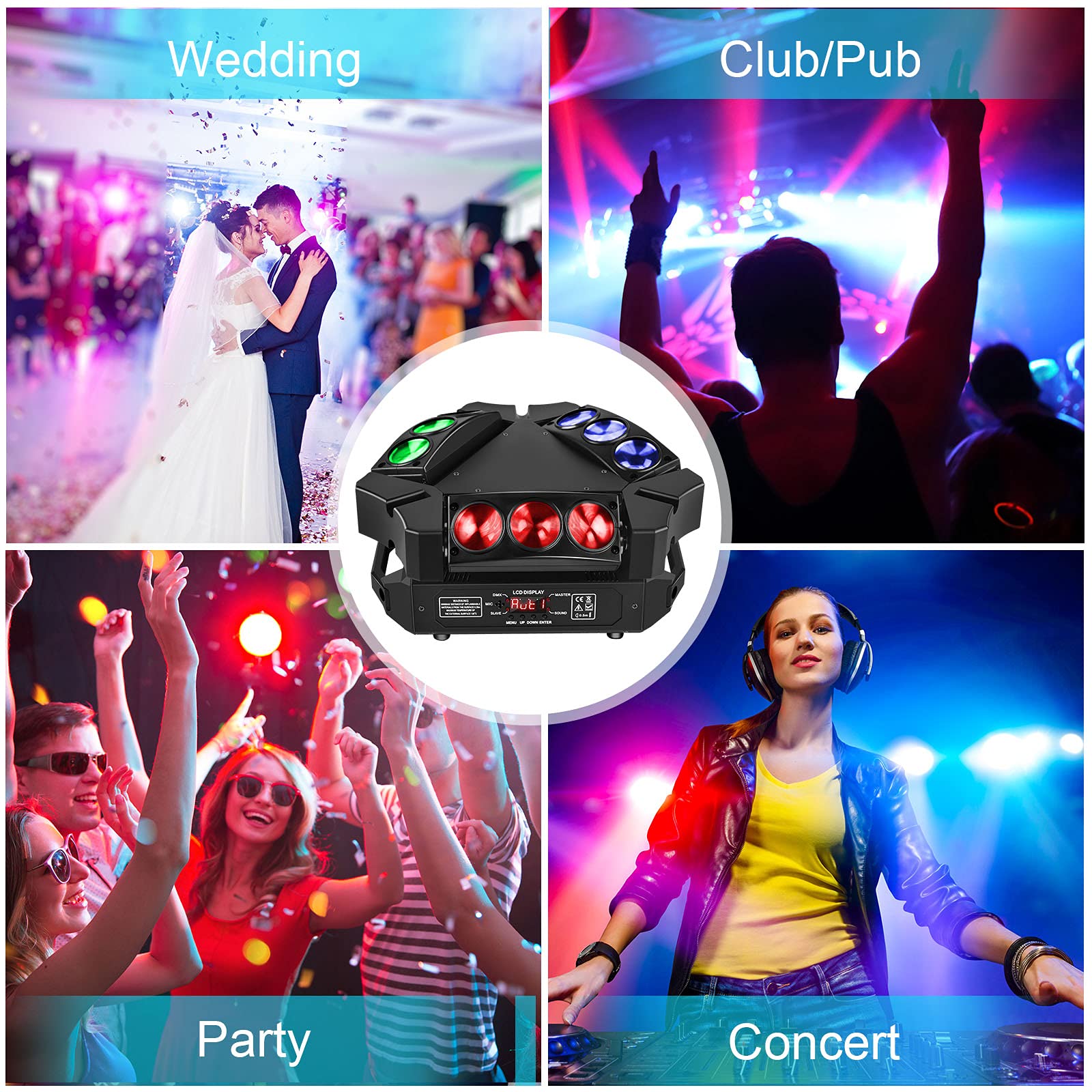 U`King 9 LED Spider Moving Head Lights - 10W RGB Stage Lighting with DMX-512 & Sound Activation (12/19 Channels) | Perfect for Wedding, Disco, Club, and DJ Party Lighting Effects