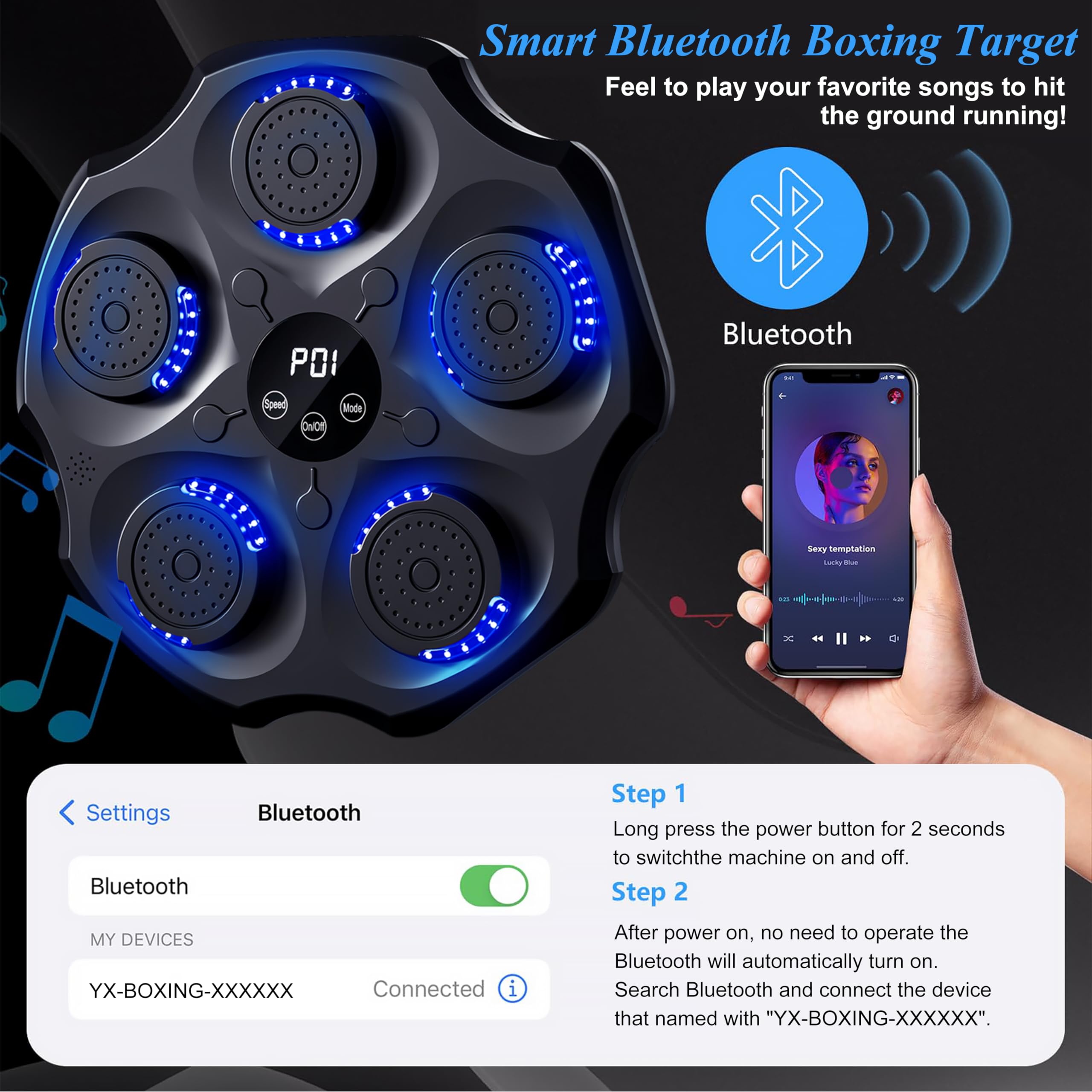 Smart Bluetooth Music Boxing Machine for Adults - Wall-Mounted LED Punching Target with Gloves, 9 Training Modes & 9 Speed Levels - Home Gym Equipment for Indoor Fitness & Stress Relief Workouts