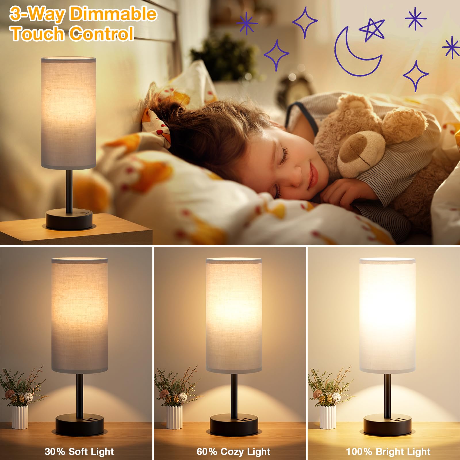 Grey 3-Way Dimmable Touch Bedside Lamp with USB Charging Station - Adjustable Nightstand Table Lamp for Bedroom, Desk, Dorm, Office, Kids Room, Perfect for Reading, Studying, and Relaxing
