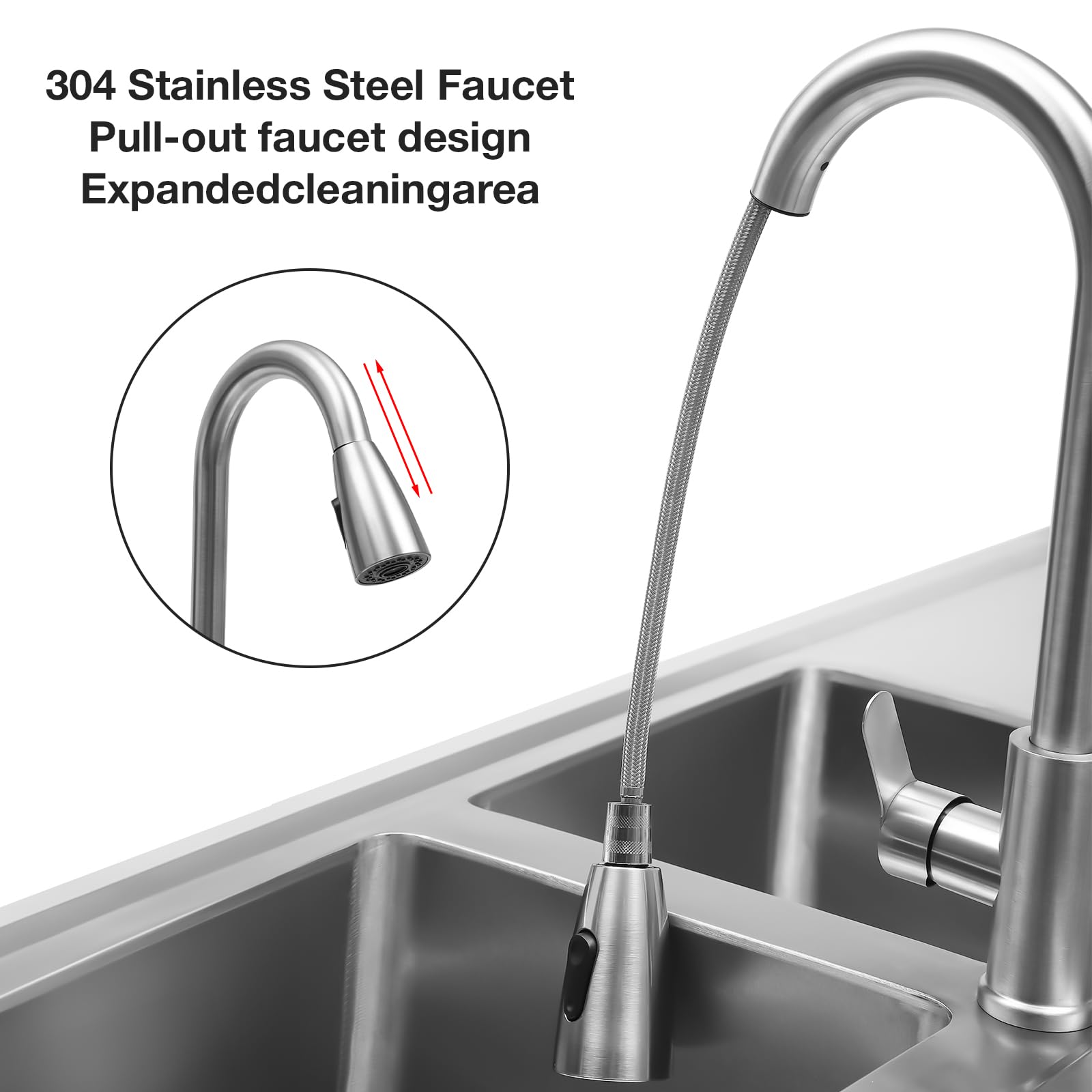 Premium 304 Stainless Steel 2-Compartment Utility Sink with Pull-Out Faucet - Heavy Duty Commercial Kitchen Sink for Restaurants, Outdoor Use & Workbench Installation (47 Inch) - Perfect for Food Prep, Dishwashing & Industrial Cleaning