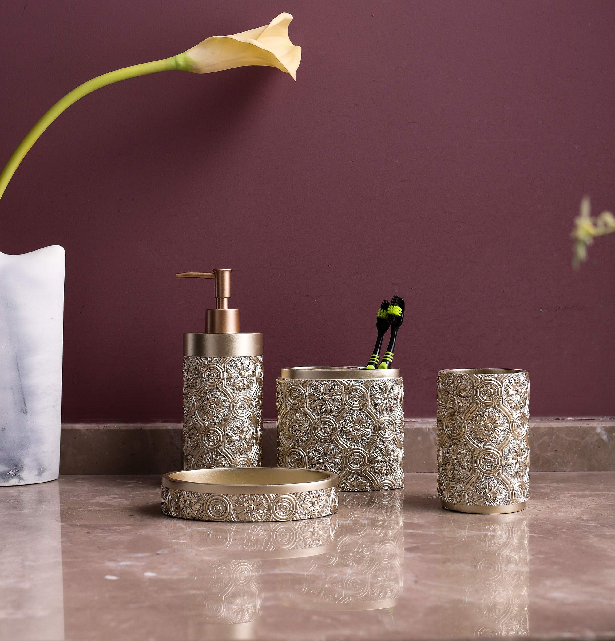 Golden Bathroom Accessories Set - 4 Pcs Farmhouse Style Resin Toothbrush Holder, Soap Dispenser, Soap Dish & Tumbler | Elegant Apartment Necessities for Modern Bathroom Decor | Perfect for Guest Bathrooms, Master Suites & Airbnb Rentals